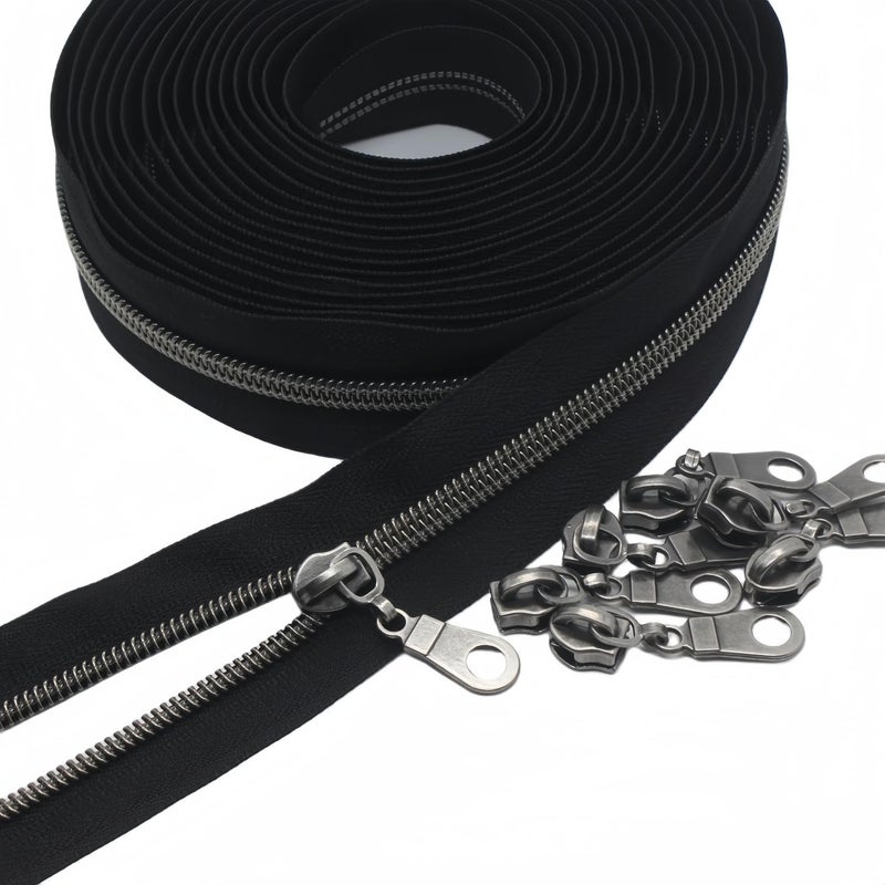 YaHoGa #5 Gunmetal Metallic Nylon Coil Zippers by The Yard Bulk Black Tape 10 Yards with 25pcs Pulls for DIY Sewing Tailor Craft Bag (Black) - Image 2